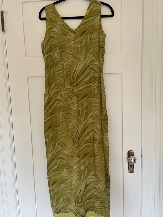 Vintage Dresses & Skirts - Vintage Silk Abstract Zebra Print Dark Lime Green Chartreuse Midi Dress 90s